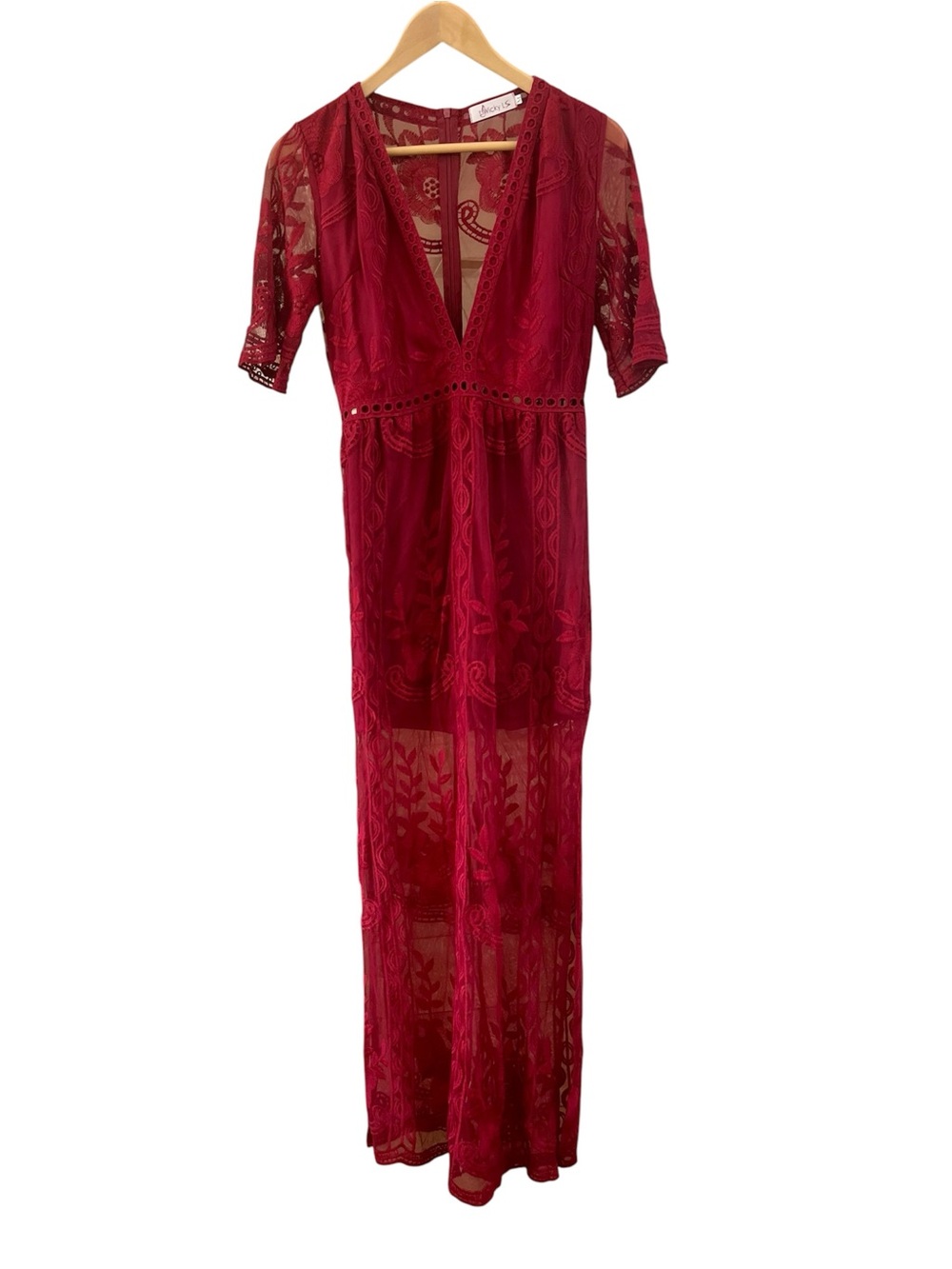 Boho Whimsigoth Floral Lace Maxi Dress Burgundy Romper Medium V-Neck Wicky LS
